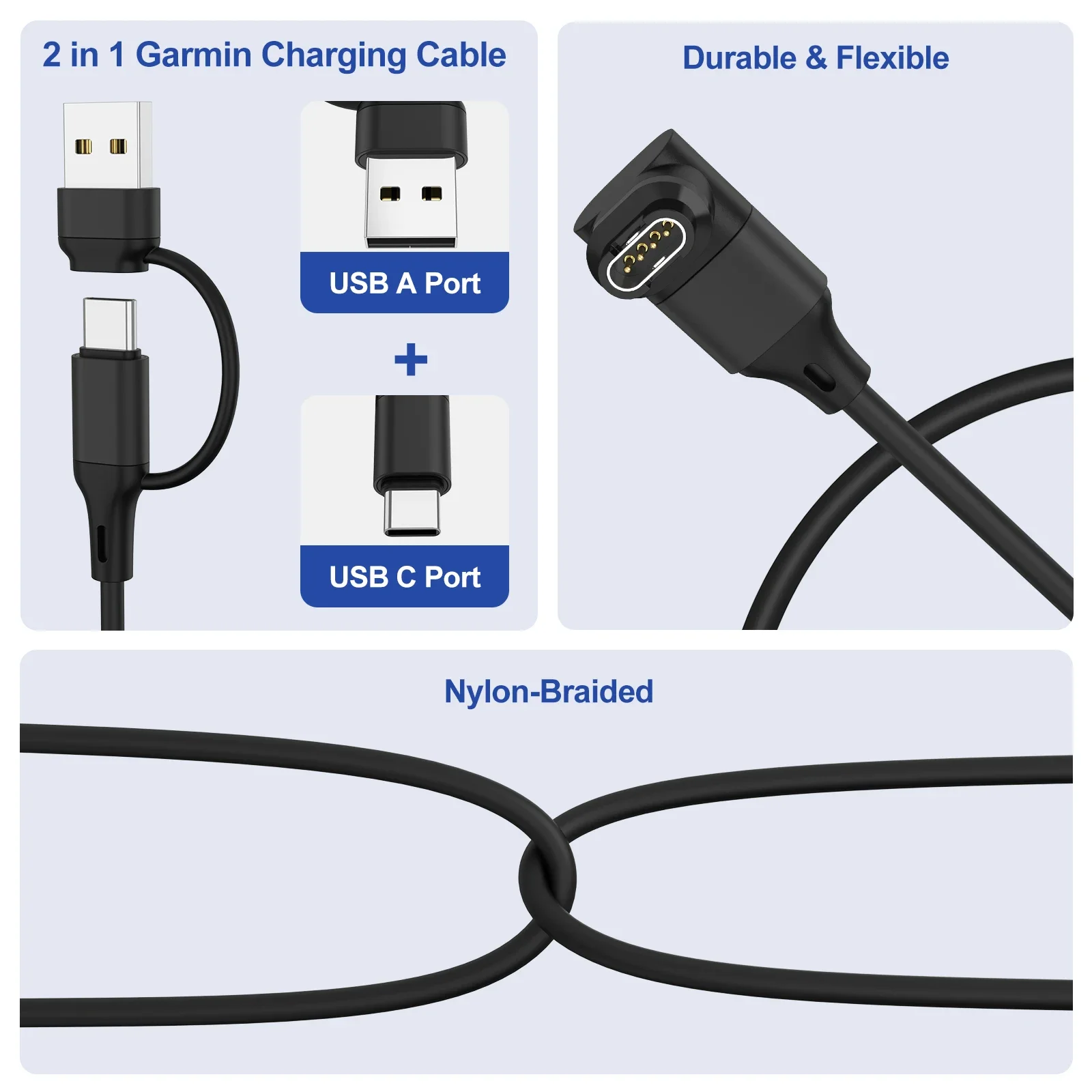 Фото 2IN1 USB/Type C Кабель для зарядного устройства для часов Garmin Fenix 8/E/7/7S/6/6X Venu2/Sq2/3/3S Instinct 3/2 Approach S70/S62/S42 Quatix 8/7/6 №4