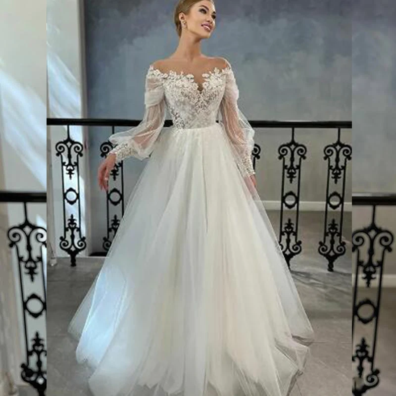 

LAYOUT NICEB Elegant Scoop-Neck Wedding Dress Lace Appliques Puff Sleeve Women Tulle Bridal Gown Sweep Train Vestidos De Novia