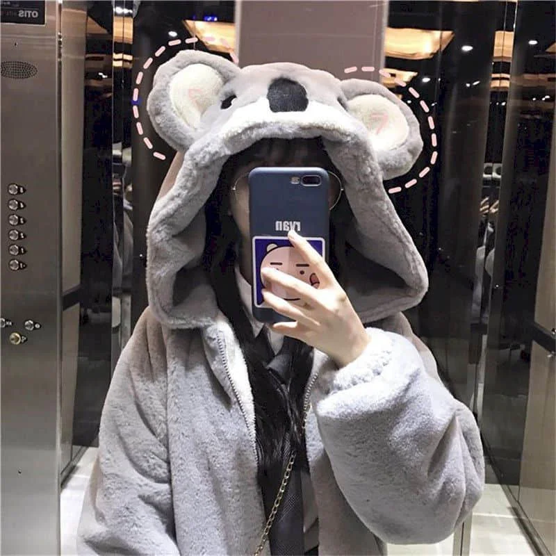 Plush Jacket Women 2023 Autumn Winter New Japanese Soft Girl Cute Koala Ear Hooded Jacket Student Thickened Furry Jacket Girl