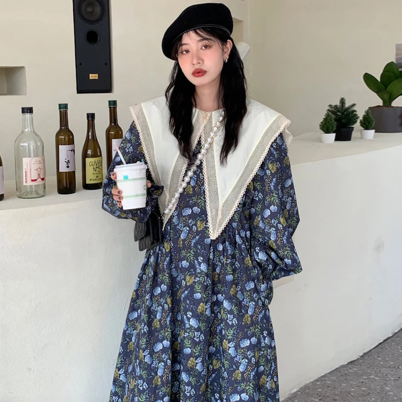

ZCSMLL Korean French vintage vestido lace stitching pointed pointed collar floral loose bubble sleeve long women's dress