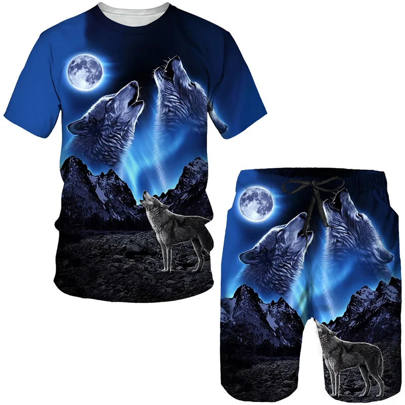 Summer Cool Wolf Printing Men's T Shirt Loose O-neck Short Sleeve Tops Casual Comfortable Shorts 2 Piece Outfit Men Clothing