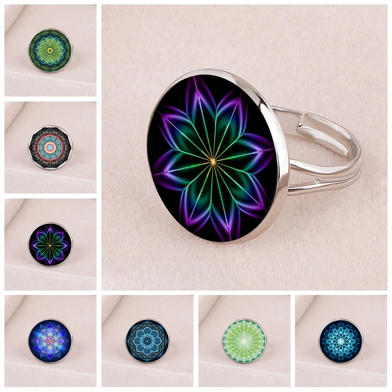 

Ethnic Style Kaleidoscope Mandala Pattern 18mm Glass Cabochon Open Ring Fashion Boys and Girls Gift Jewelry