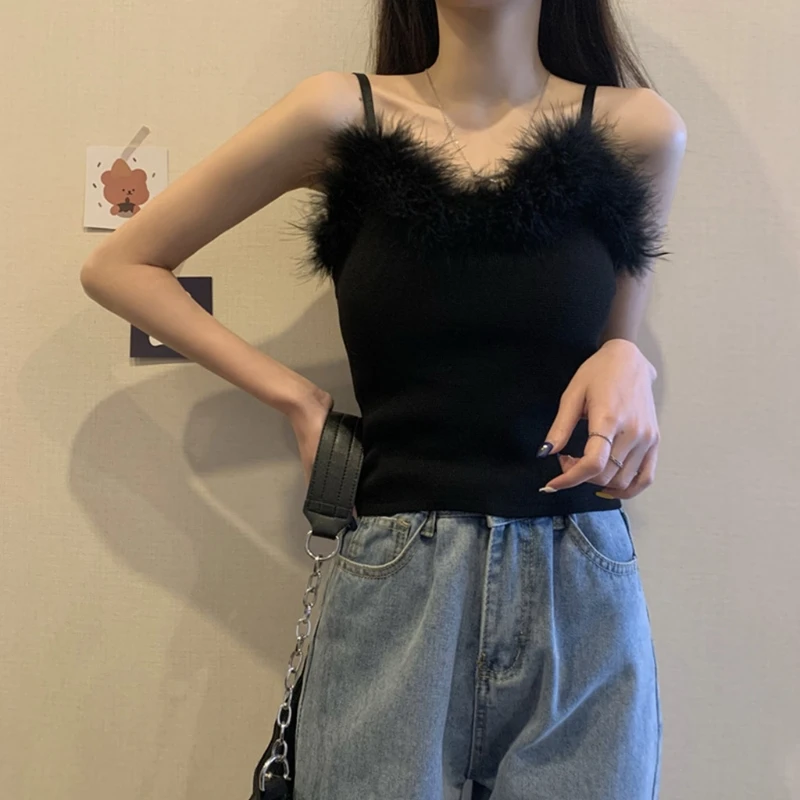 Женская пикантная кофта из искусственного меха с отделкой перьев вязаный тонкий