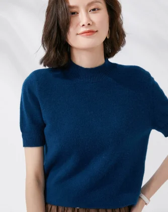 

Spring 2023 Women's 100% wool short Sleeve half high neck worsted knitted T-shirt thin cashmere sweater solid half sleeve pullov