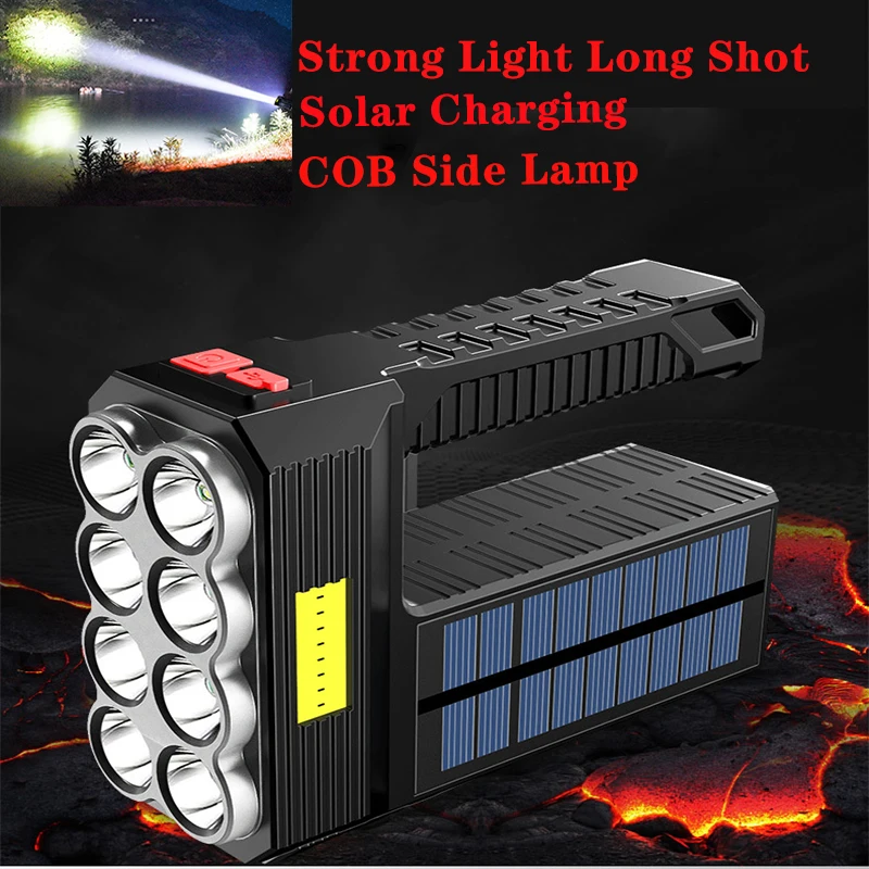 8-Core Flashlight Solar Charging COB Floodlight Super Bringht Portable Lamp Built-in Battery USB Rechargeable IP65 Waterproof