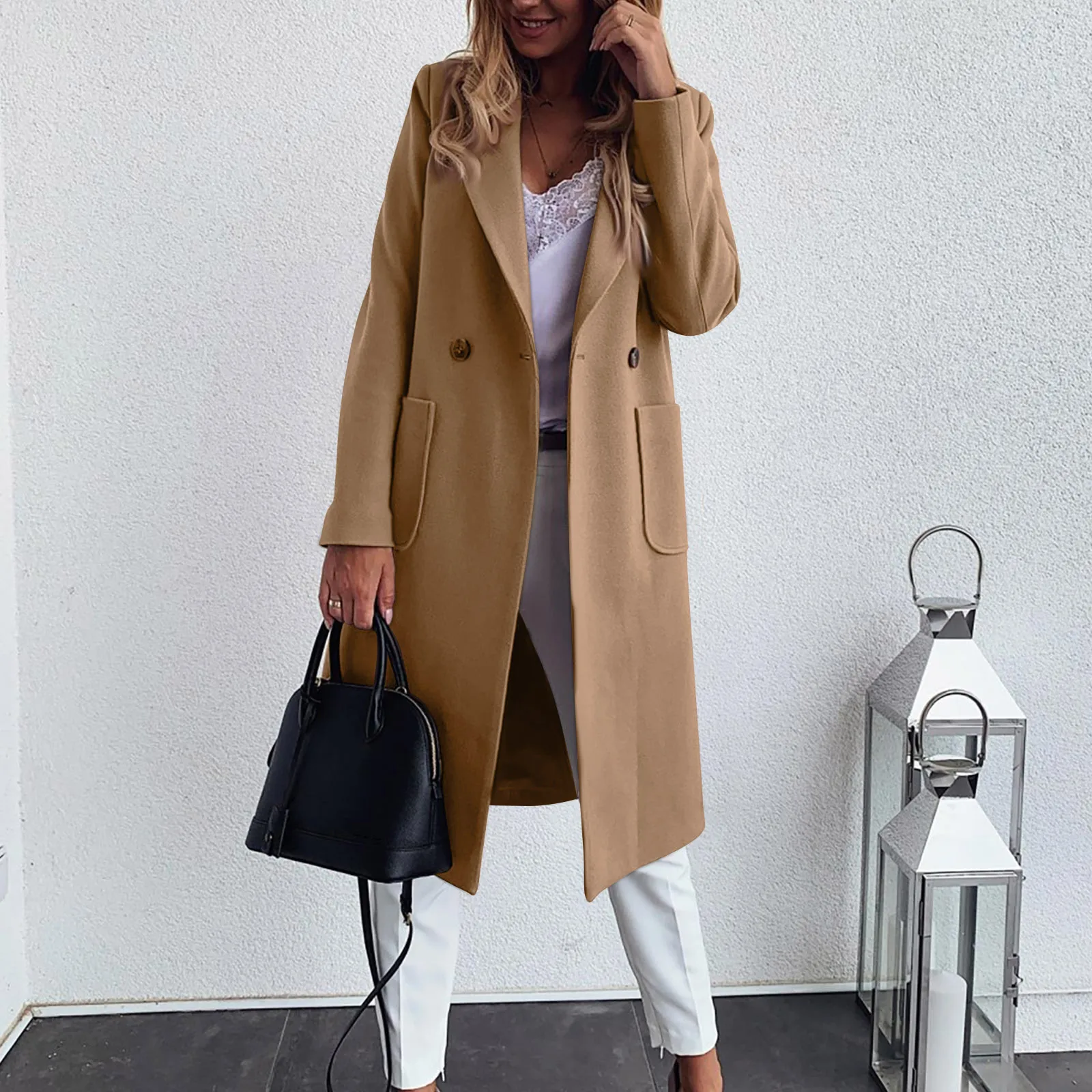 

Женская Длинная шерстяная ветровка, свободная модная однобортная куртка в Корейском стиле с лацканами, теплые женские пальто на осень и зиму