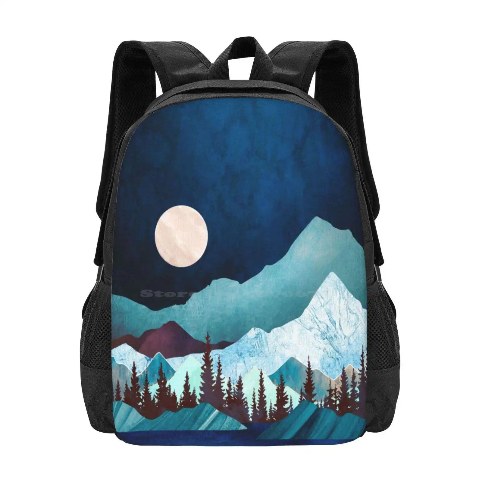 

Large Capacity School Backpack Laptop Bags Moon Bay Water Lake Trees Forest Mountains Nature Abstract Contemporary Modern Blue