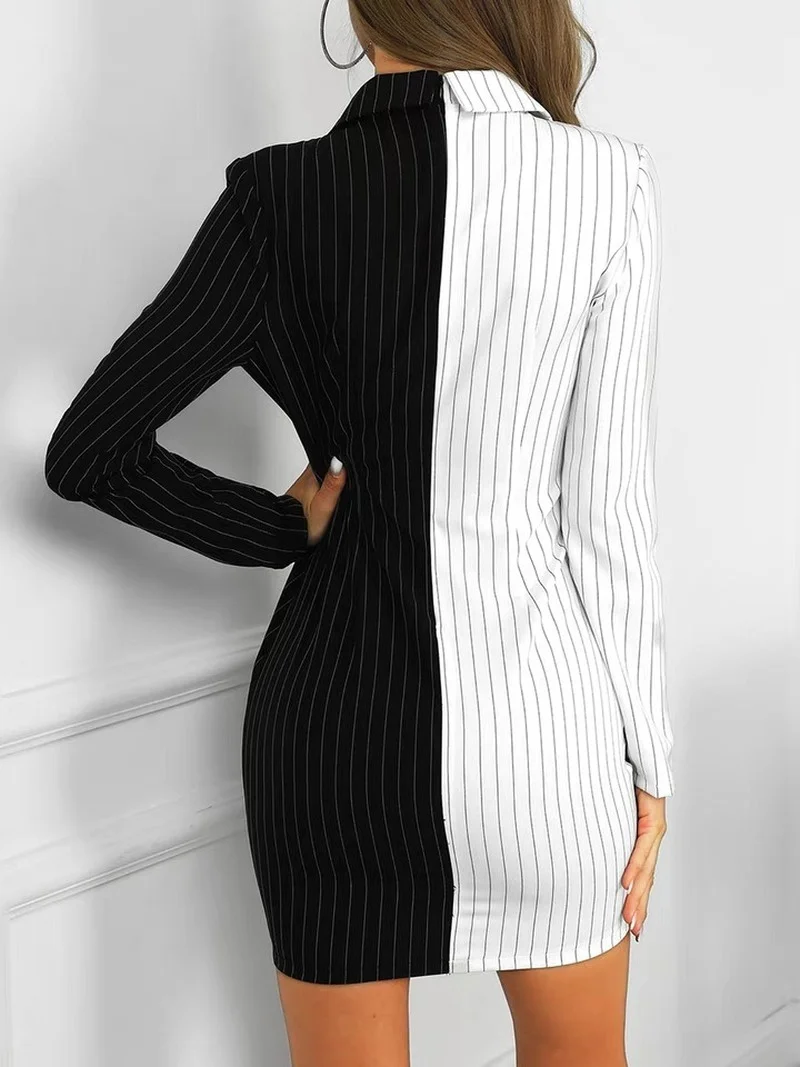 Black and White Striped Blazer Slip Dress Style Casual Office Blazer Suit 2021 Women Double Breasted Slim French Fashion Suit