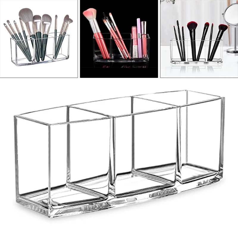 

Makeup Brush Holder, 3 Slots Vanity Clear Cosmetic Organizer and Storage, Eyebrow Pen Pencil for Bathroom Desk Dresser Jewelry