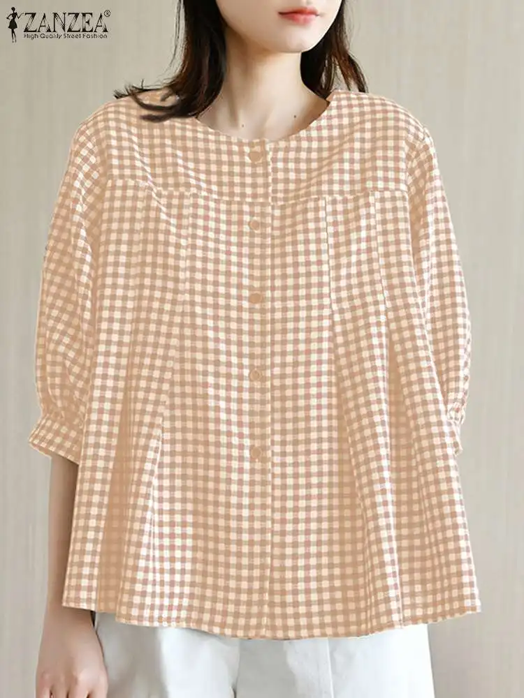 

Autumn Elegant 3/4 Sleeve Tops ZANZEA Fashion Women Plaid Checked Blouse Casual Loose Shirt Female Party Work Blusas Chemise