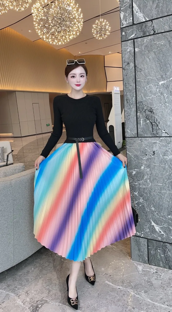 Early Autumn New Women's 2023 Rainbow Turtleneck Lightly Mature Knitted Stitching Printing Pleated with Belt Dress0814