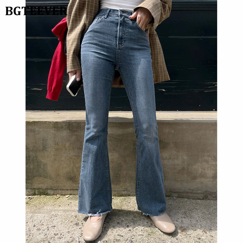 

Винтажные женские джинсовые брюки BGTEEVER с высокой талией и карманами, осенние модные облегающие джинсы-клеш с эффектом потертости для женщин