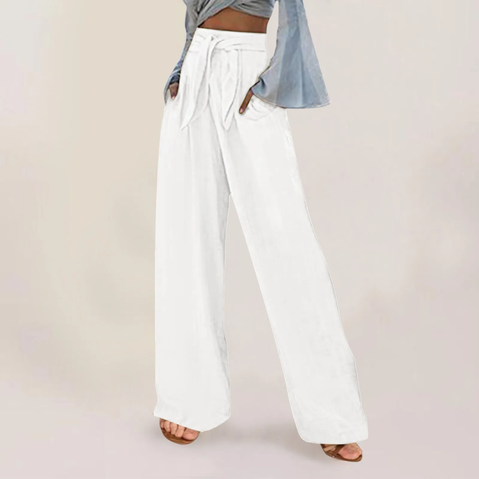 Streetwear Cotton Linen Pants For Women Solid Color High Waist Wide Leg Trousers With Pockets Elastic Belt Loose Casual Pants