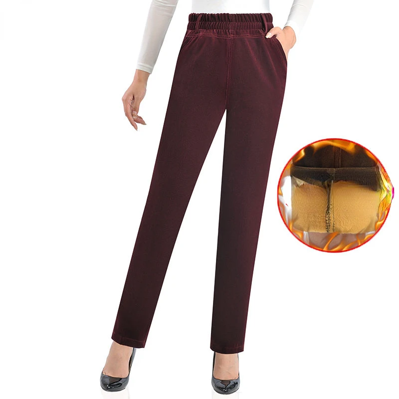 

2023 New Wear Autumn Winter Fashion Middle Age Women Thick Velvet Female Mom High Elastic Pants Solid Straight Trouser Q14