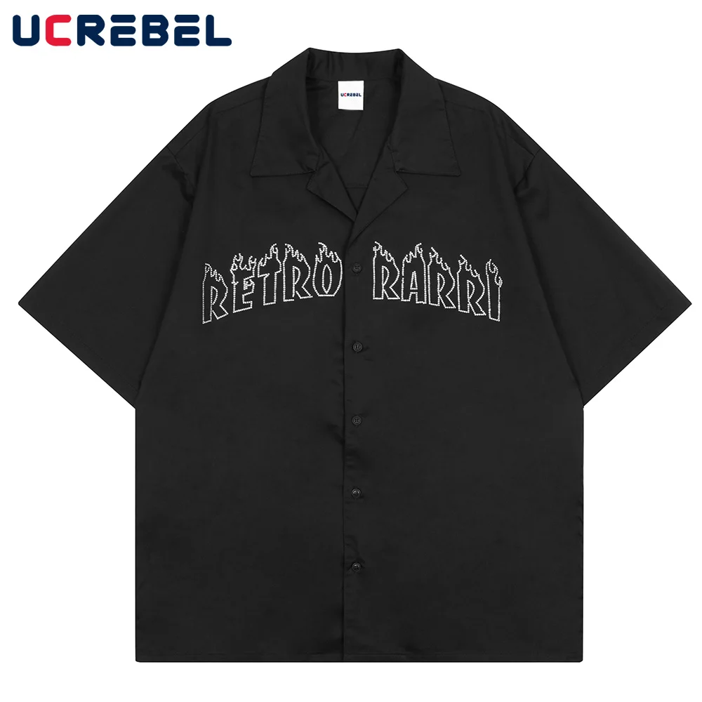 

Letter Rhinestone Short Sleeve Shirt Mens Summer Loose Casual Shoulder Drop Half-Sleeve Streetwear Lapel Shirts Men Cotton Top
