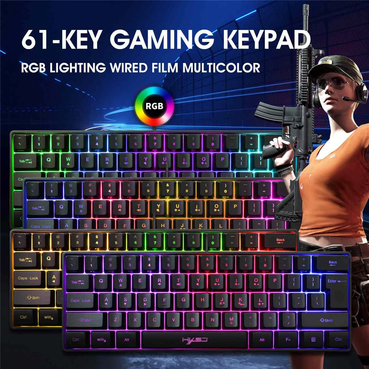 

HXSJ V700 61 Keys Gaming Keyboard Wired RGB Backlit Multiple Shortcut Keys Mini Membrane Keyboard for Home Office