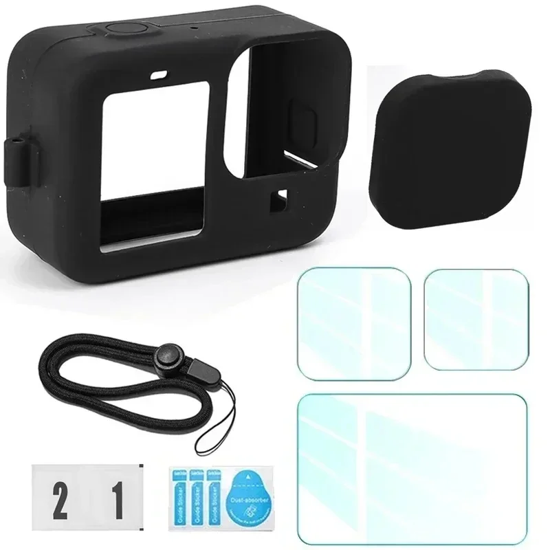 Для GoPro Hero 12 11 10 9 Силиконовый чехол Защитный рукав Ремешок HD Защитная крышка для экрана из закаленного стекла для GoPro 12 Черный (art.: 3920cbdd34932) - 3920cbdd34932