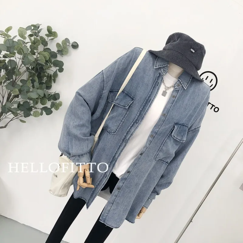 

SuperAen 2022 Spring Autumn Loose Oversized Turn Down Collar Full Denim Shirt Retro Blue Coat Women's Jackets