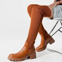 2022 new womens british style thick heeled thick soled boots woolen mouth elastic over the knee womens boots thigh high boots