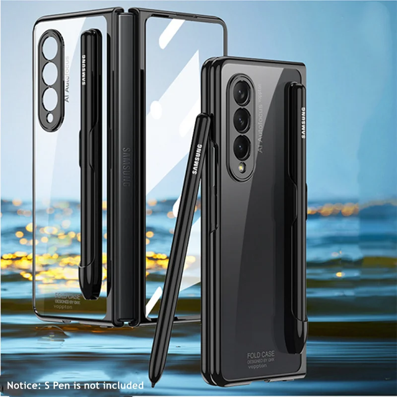 

360 Full Protection S Pen Holder Slot Case for Samsung Galaxy Z Fold 3 Transparent Cover Plating Frame Hard Plastic Clear Case