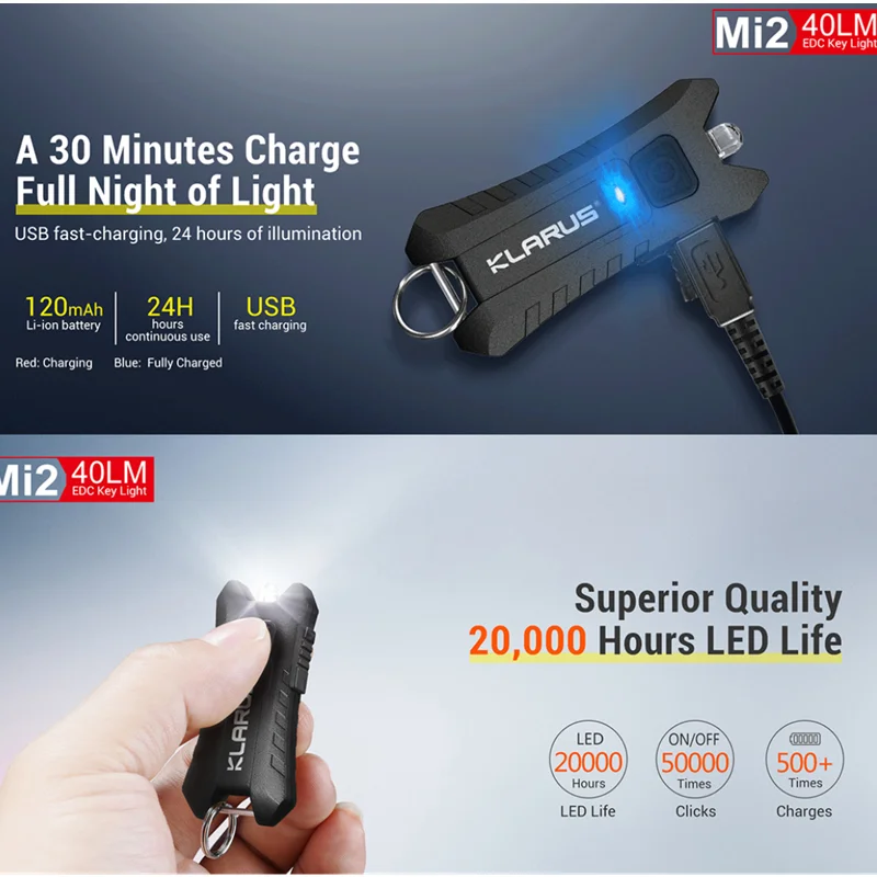 Мини-брелок KLARUS Mi2 USB перезаряжаемый 40 люмен встроенный аккумулятор 120 мАч