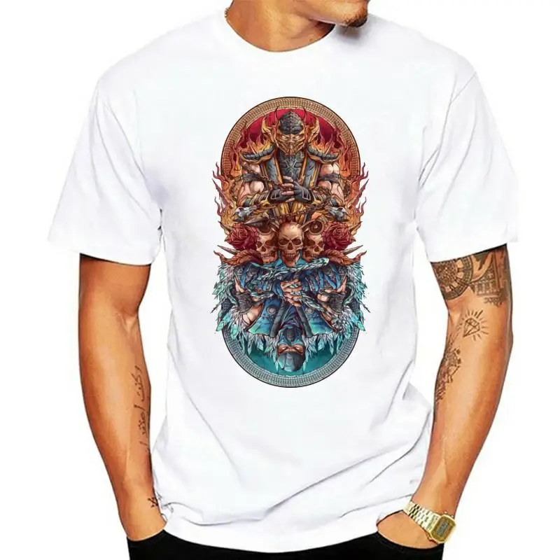 

100% Cotton Fire Vs Ice Tops Tees Men T-shirts Round Neck Short Sleeve Tshirt Wholesale Halloween Skulls T Shirt Punk Streetwear