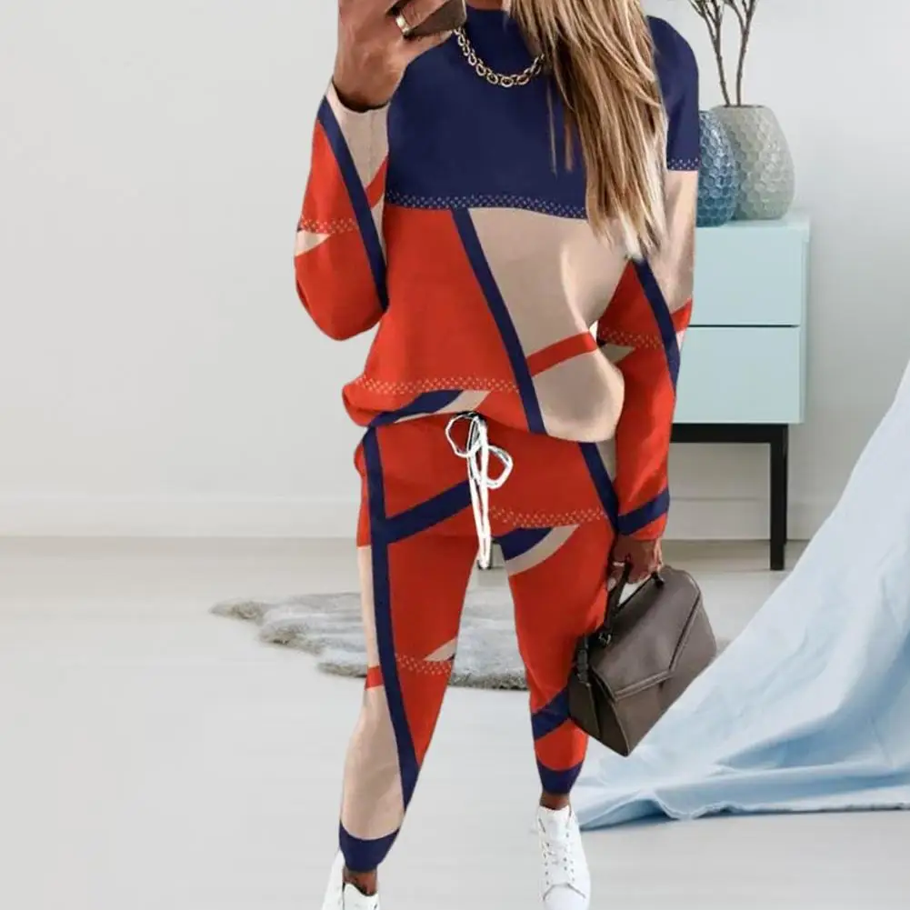 

Women Color-block Suit Casual Women Suit Colorblock Women's Sweatshirt Pants Set with Drawstring Waist Round Neck Long for Fall