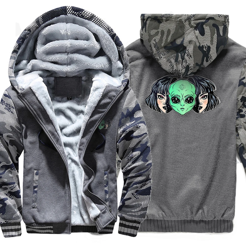 

Alien Disguised As Girl Printed Sweatshirt Mens Winter Thicken Hoody Hip Hop Pocket Jackets Loose Fleece Warm Tracksuit Male