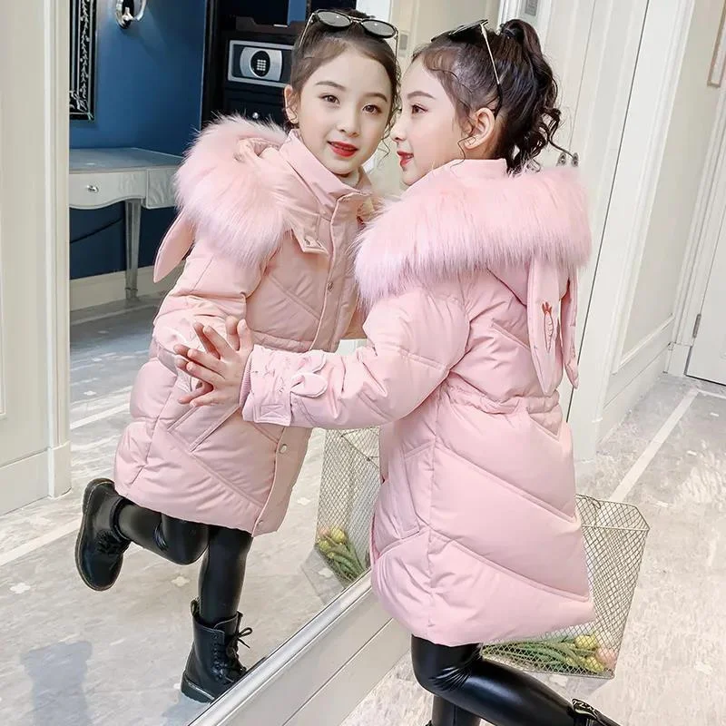 

Girls Cotton Jacket Winter Overcoat Kids Warm Hooded Outerwear Big Ears Windbreaker Zipper Clothing Children Soild Down Coat