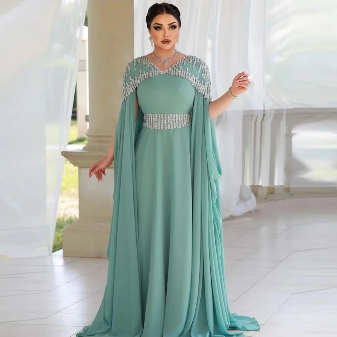 

OIMG арабское элегантное зеленое платье макси для выпускного вечера с V-образным вырезом и длинными рукавами с бисером длинные шифоновые платья в строгом стиле вечернее платье