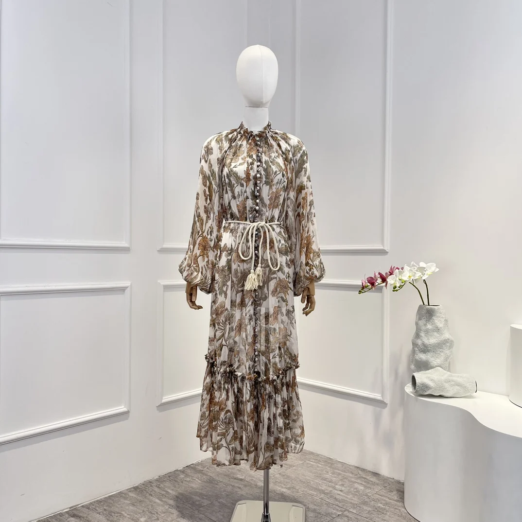 

2023 Top Quality Spring Summer New Collection Vintage Floral Printing Fril Ruffle Loose Midi Dresses with Belt for Women