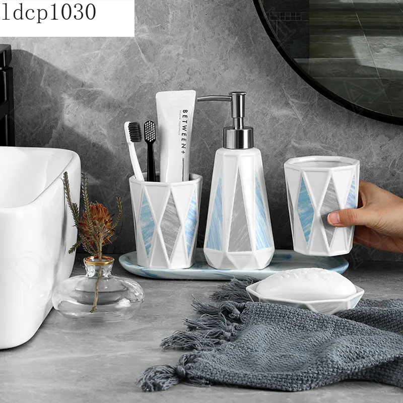 

Creative Rhombu Bathroom Accessories Set Ceramic European Modern Marble Texture Household Restroom Five-piece Shower Accessories