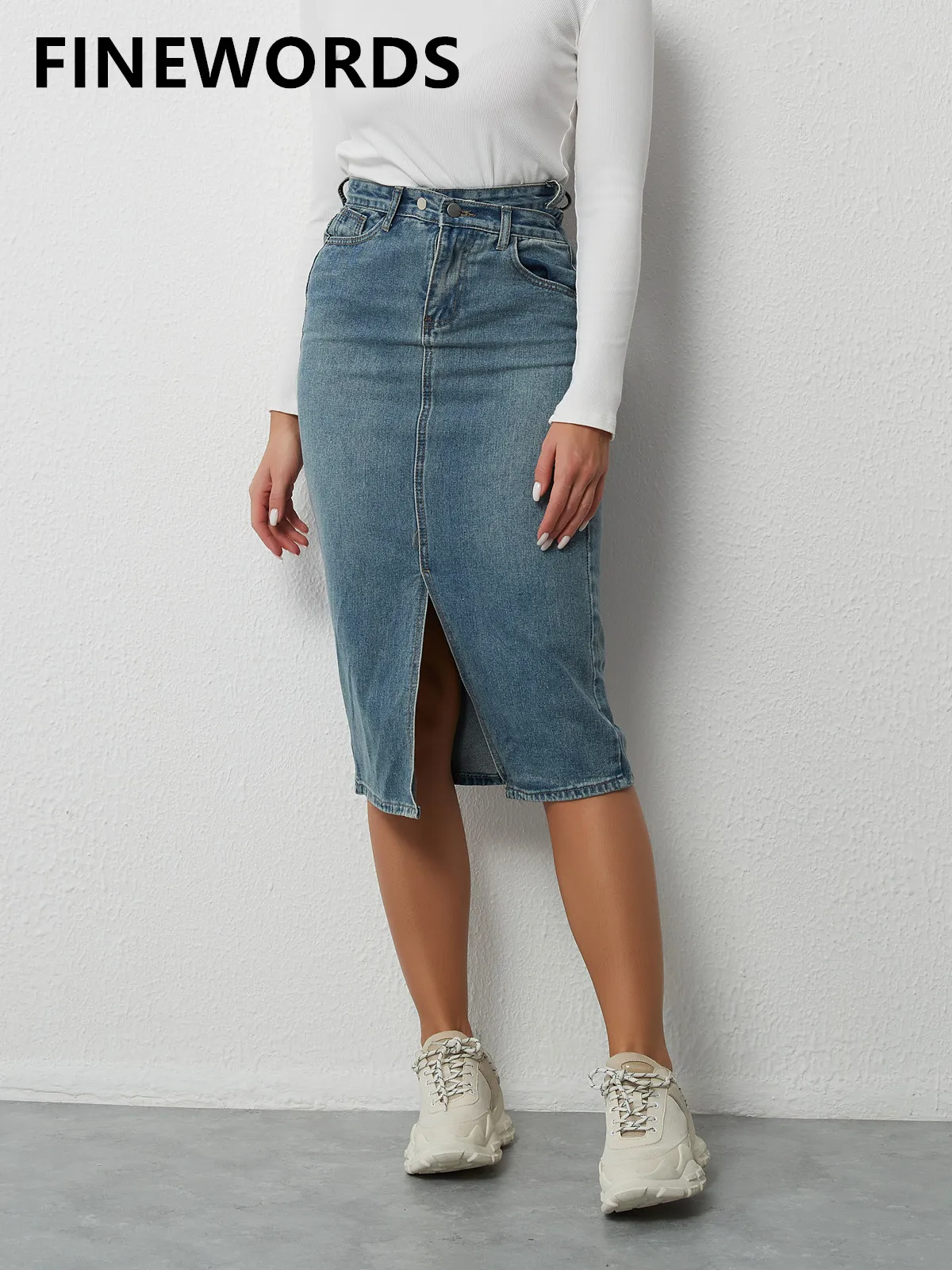 FINEWORDS 2022 Korean Casual Harajuku Denim Skirts High Waist Knee Length Split Skirts Streetwear Loose Easymatch Long Skirts