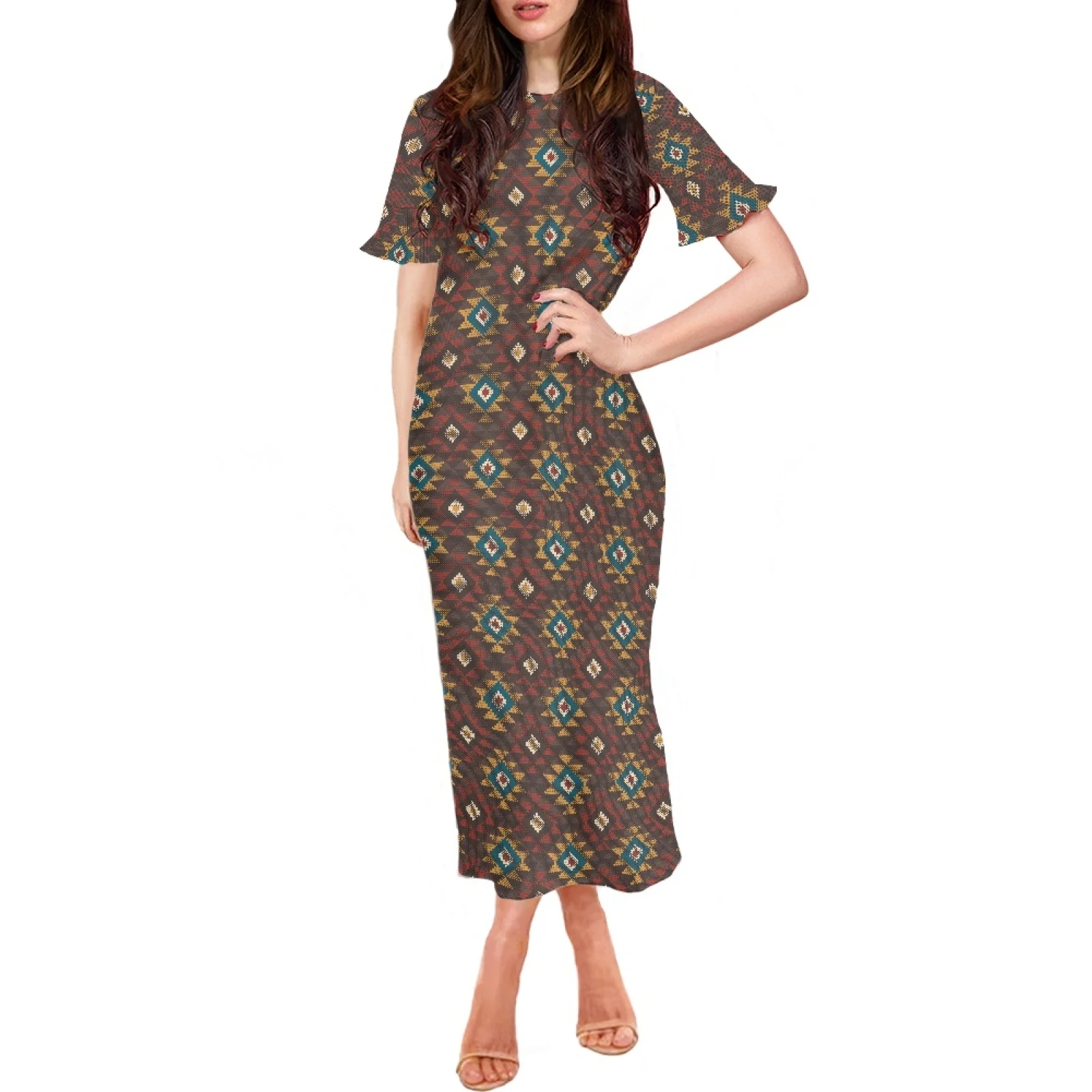 

Summer Indian Tribal Pattern Print Ladies Girl Dress Women High Quality Dress High Quality Short Ruffle Sleeve Sexy Clothing