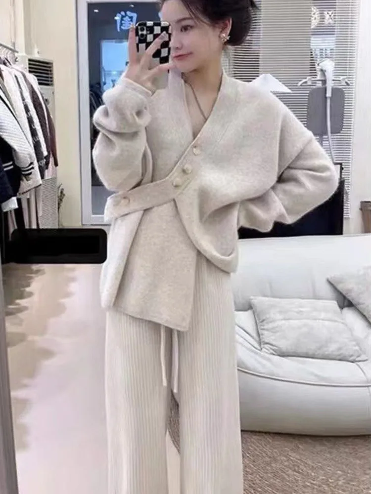 

Autumn Winter Korean Fashion Casual Knitted 2 Piece Set Women Loose Sweater Tops + Wide Leg Pants Two-Piece Set Women Outfits