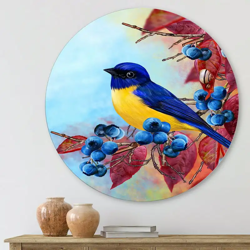 

'Bright Bird Bullfinch Sitting On A Branch of Berries I' Traditional Circle Metal Wall Art 11x11 - Disc of 11 Living Room Inter