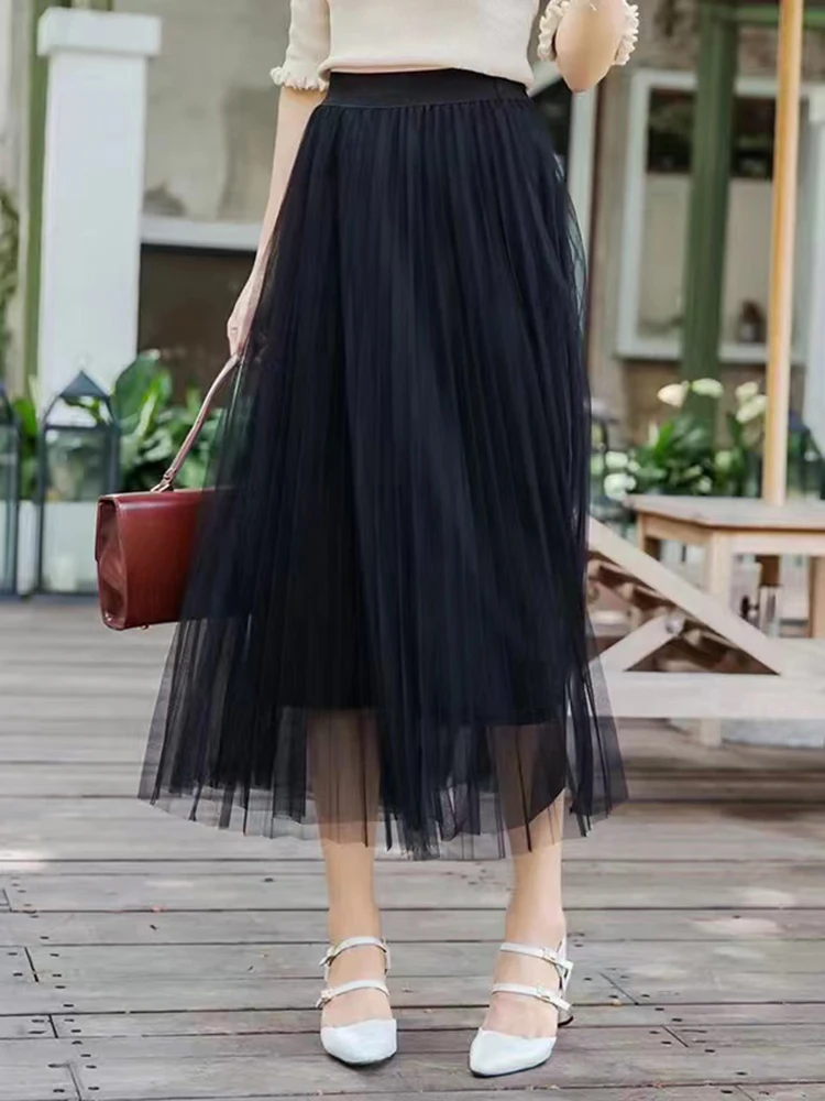 ZOKI-Falda plisada de tul para mujer, falda elegante de moda coreana, de malla blanca, de corte A, de cintura alta, color negro, para fiesta de verano