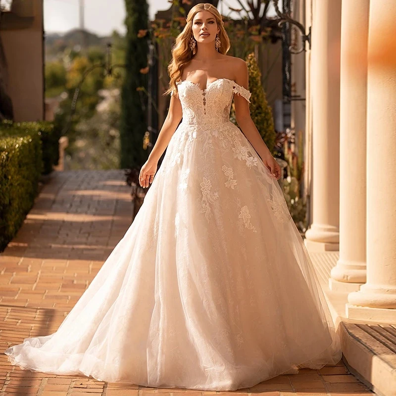 

Classic A-Line Lace Wedding Dress Sweetheart Off Shoulder Appliqued Bridal Gown Sweep Train Elegant Vestido De Novia Customize