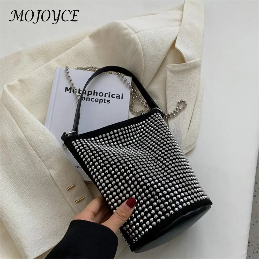 

Fashion Rhinestone Shoulder Messenger Bag Design Diamond PU Leather Bucket Totes Chain Evening Clutch Handbag for Ladies Girls