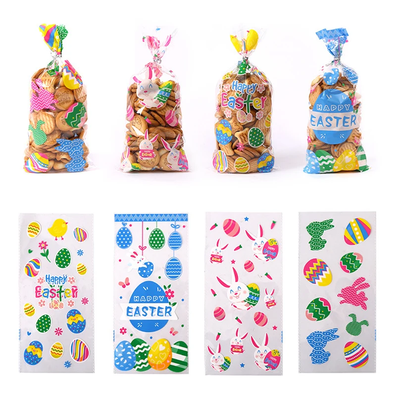 

50pcs Easter Plastic Candy Bags Bunny Easter Eggs Packaging Bag Cookies Chocolate Pouches Easter Party Decorations For 2023