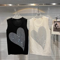shinny love pattern rhinestone tank for women 2022 summer new classic style oblique large diamond knitted top female clothes