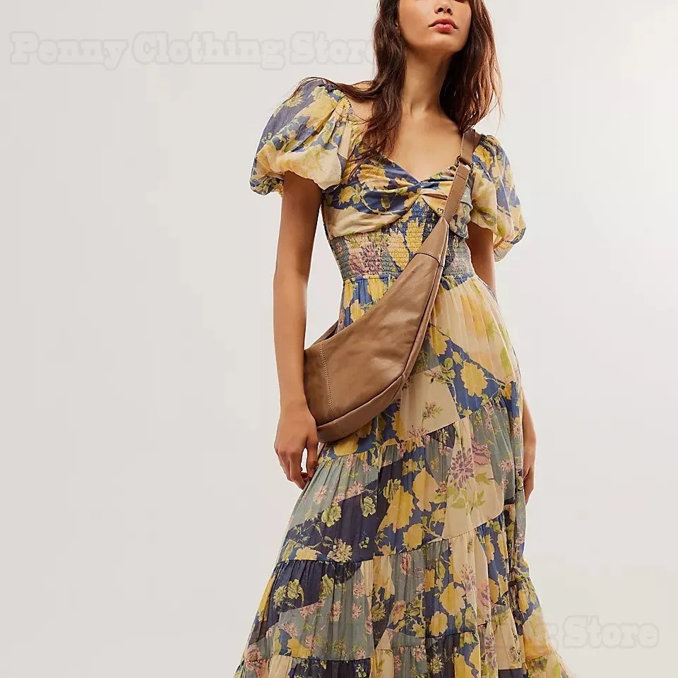 2025 г. богемное платье трапециевидной формы с v-образным вырезом и большой подол со