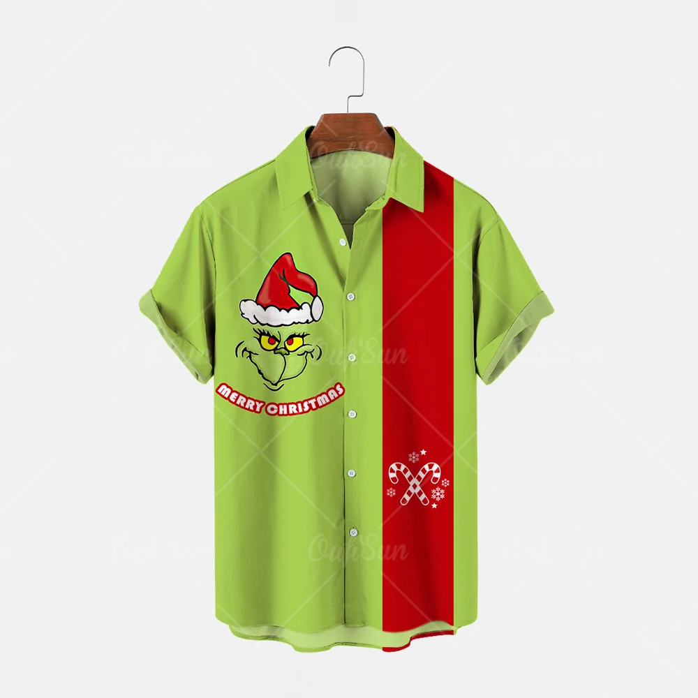 

JXGXSX 2022 XL Men's Shirt Christmas Green Furry Print Short-sleeved Shirt Summer Casual Hawaiian Flower Beach Top