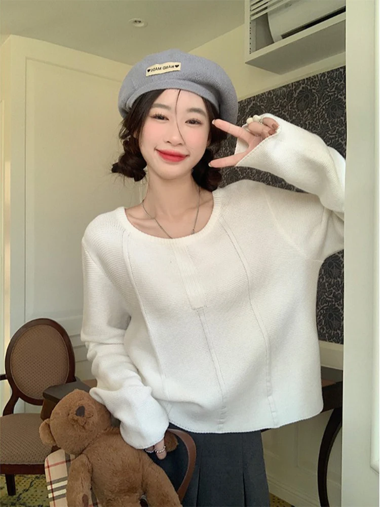 

Однотонные простые вязаные пуловеры Harajpee с круглым вырезом и длинными рукавами, повседневные женские новые универсальные корейские модные...