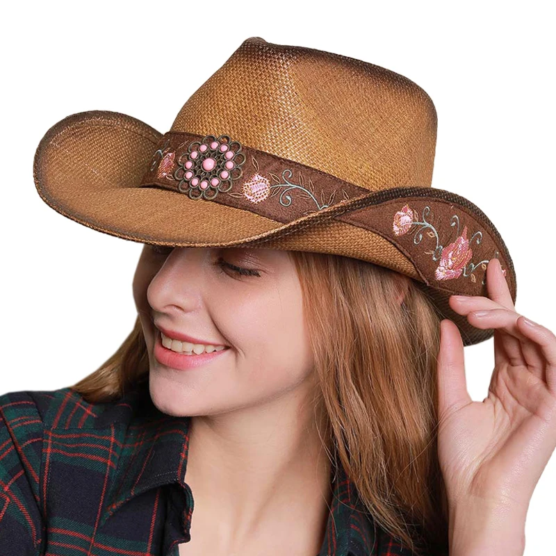 

Quality Straw Hat Women Western Cowboy Hat Panama Summer Retro Elegant Vintage Cowgirl Handmade Embroidery Rolled Edge Sun Hats
