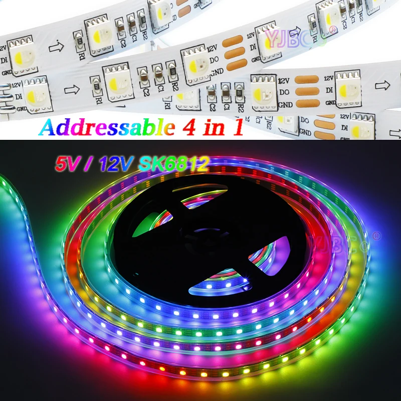 Addressable RGBW RGBWW 4 colors in 1 LED Strip flexible SMD 5050 RGB White pixle IC SK6812 5V 12V 60leds/m Smart Lights Tape