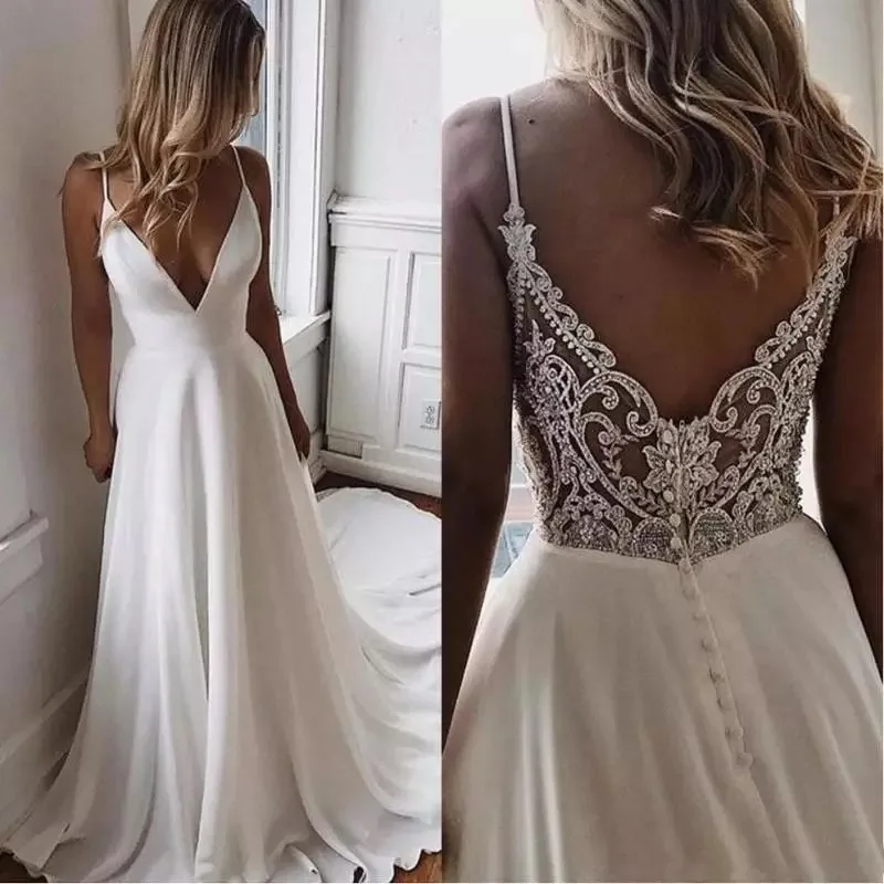 

Spaghetti Straps V-Neck Wedding Dresses Lace Appliques Backless Elegant Bridal Gown Vestidos De Noiva A-Line Sweep Train
