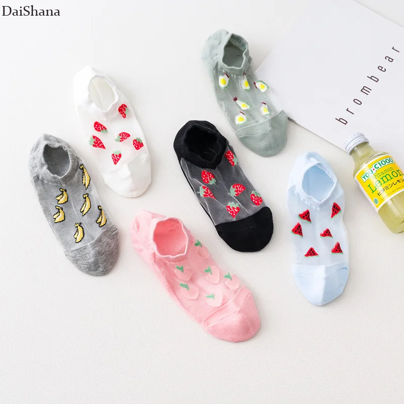 

Носки женские прозрачные сетчатые, летние тонкие хлопковые, Нескользящие, с принтом арбуза, клубники, фруктов, 6 пар