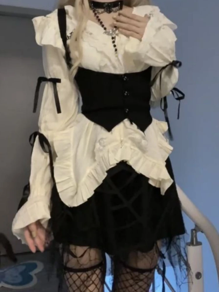 Милые комплекты из 3 предметов женская рубашка Харадзюку с нерегулярными рюшами +