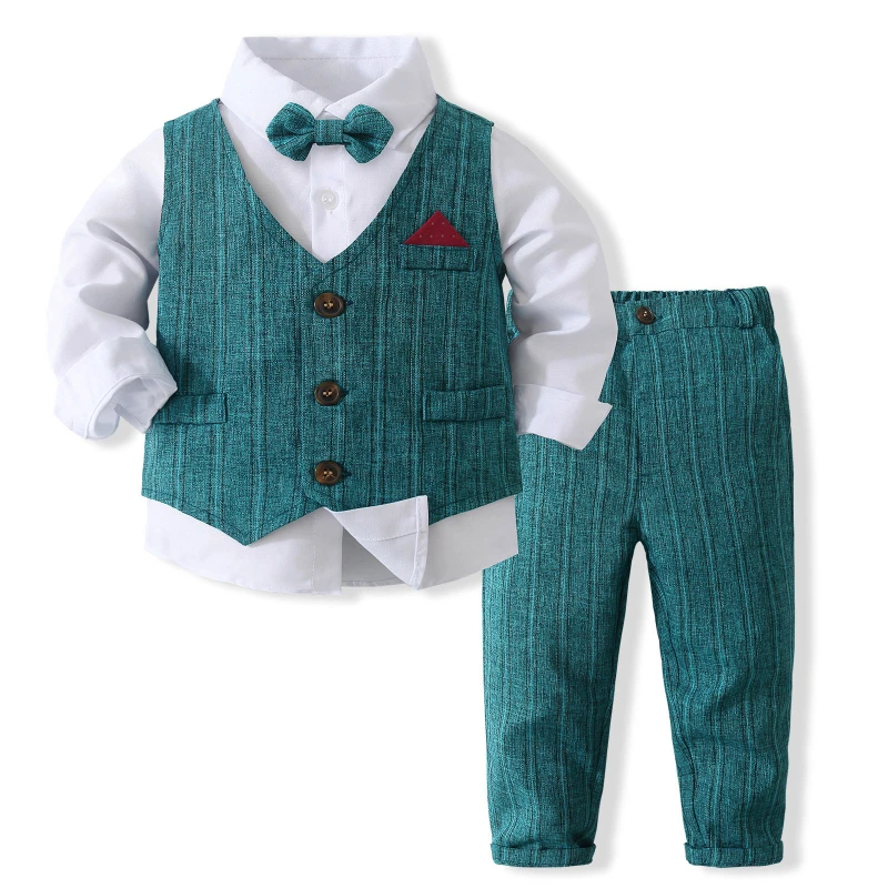 New Kids Boy Gentleman Clothing Set Long Sleeve Shirt+Waistcoat+Pants and Bow Tie   Boy Outfits for Wedding Party Dress Outfits
